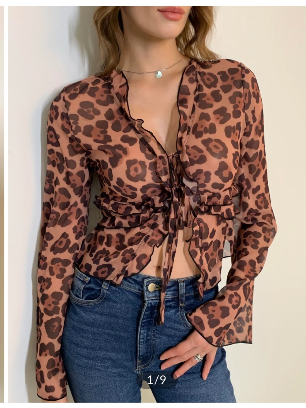 COMMENSE Leopard-Print Semi-Sheer Ruffle V-Neck Blouse